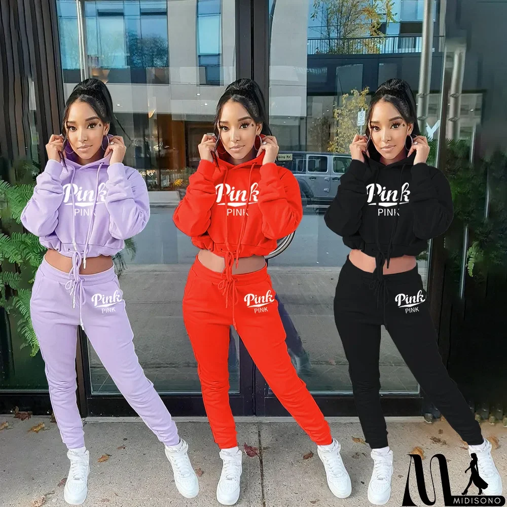 MidiSono - Solid Color Print Hooded Fashion Casual Sports Suit