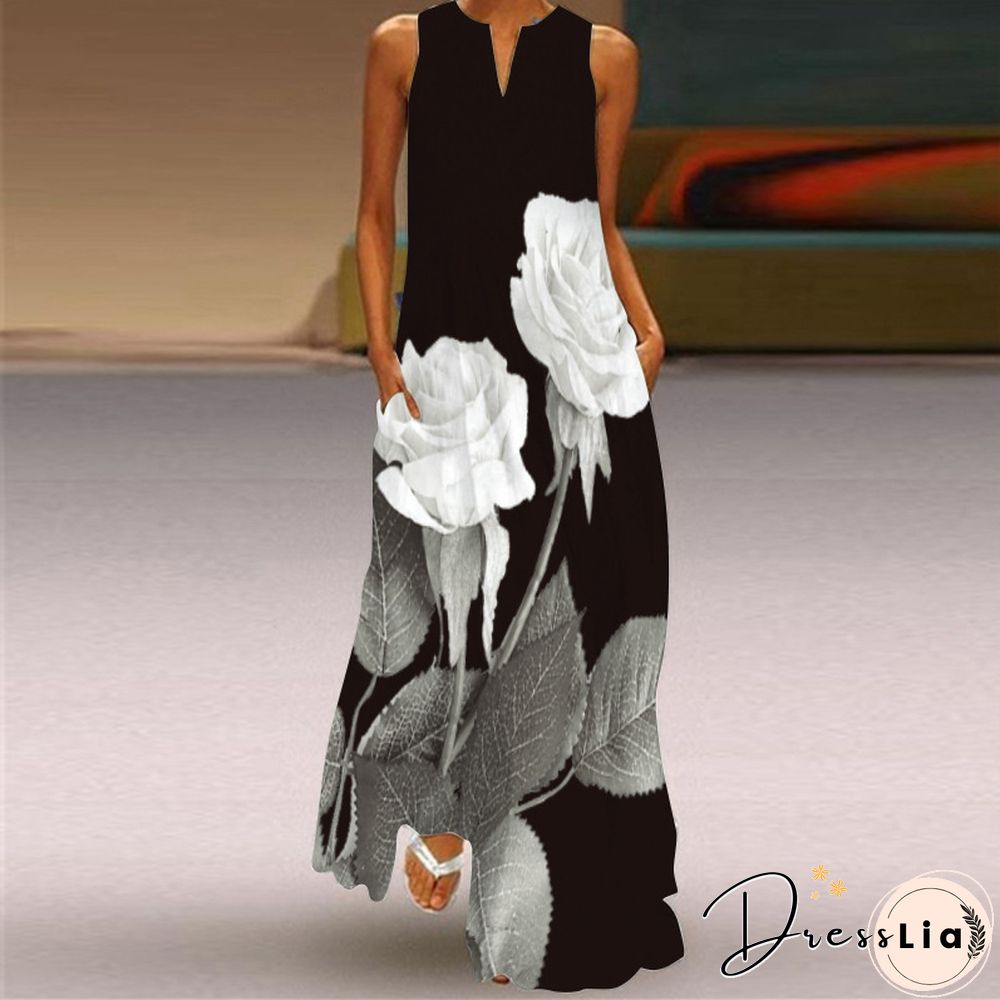 New Fashion Print Summer Dress Casual Sexy Boho Beach Women Party V-neck Sleeveless Pocket