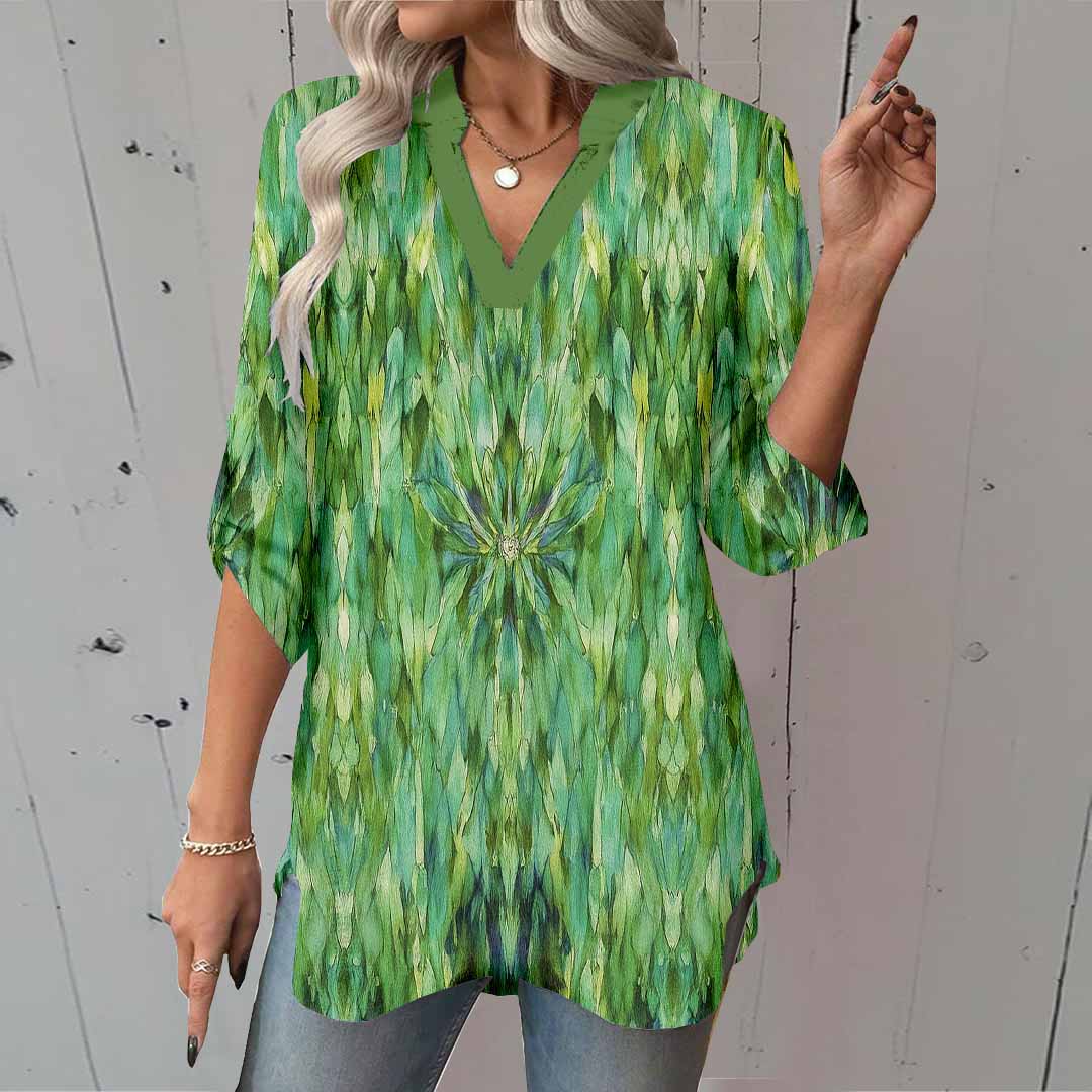 Women Green, Bohemian DZGA0388 3/4 Sleeve V-neck Printed Graphic Button Tops
