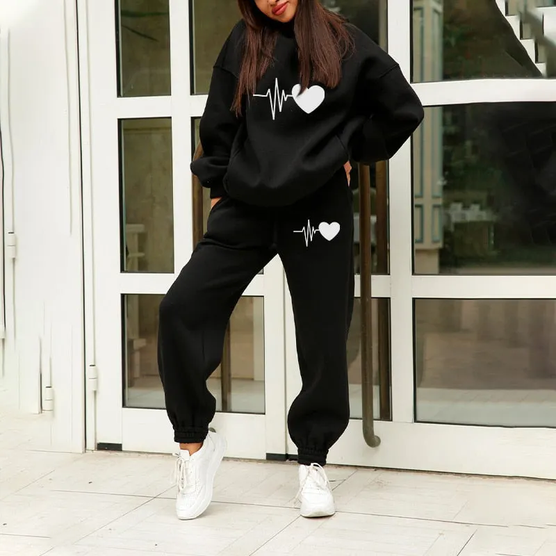 Oversize Heart Printed Fleece Women's Tracksuit Hoodies 2 Piece Set Sweatshirt + Pants Women Sport Suit Winter Sportswear