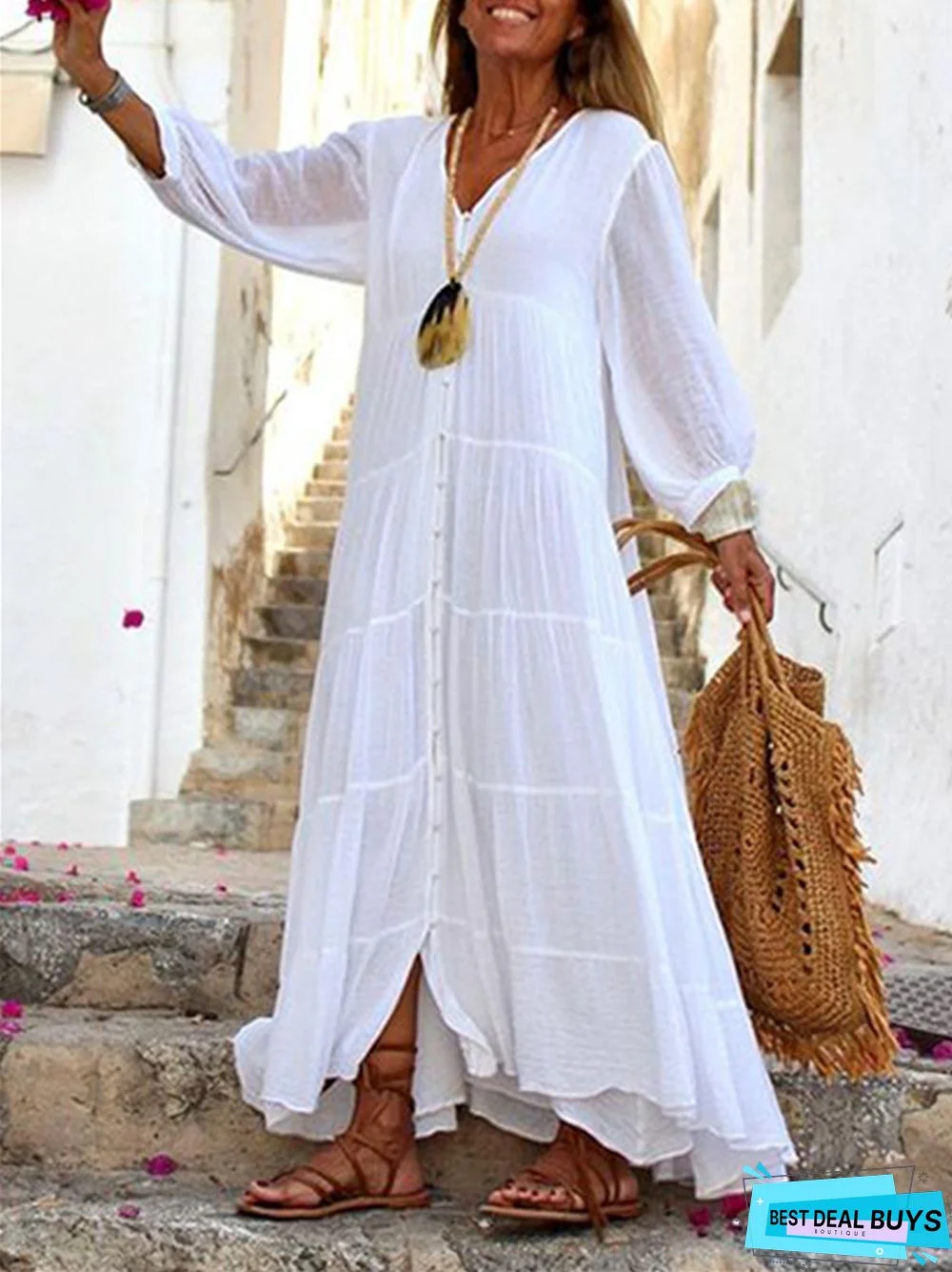 Bohemian Solid Color V-Neck Loose Long Sleeve Cotton and Linen White Dresses