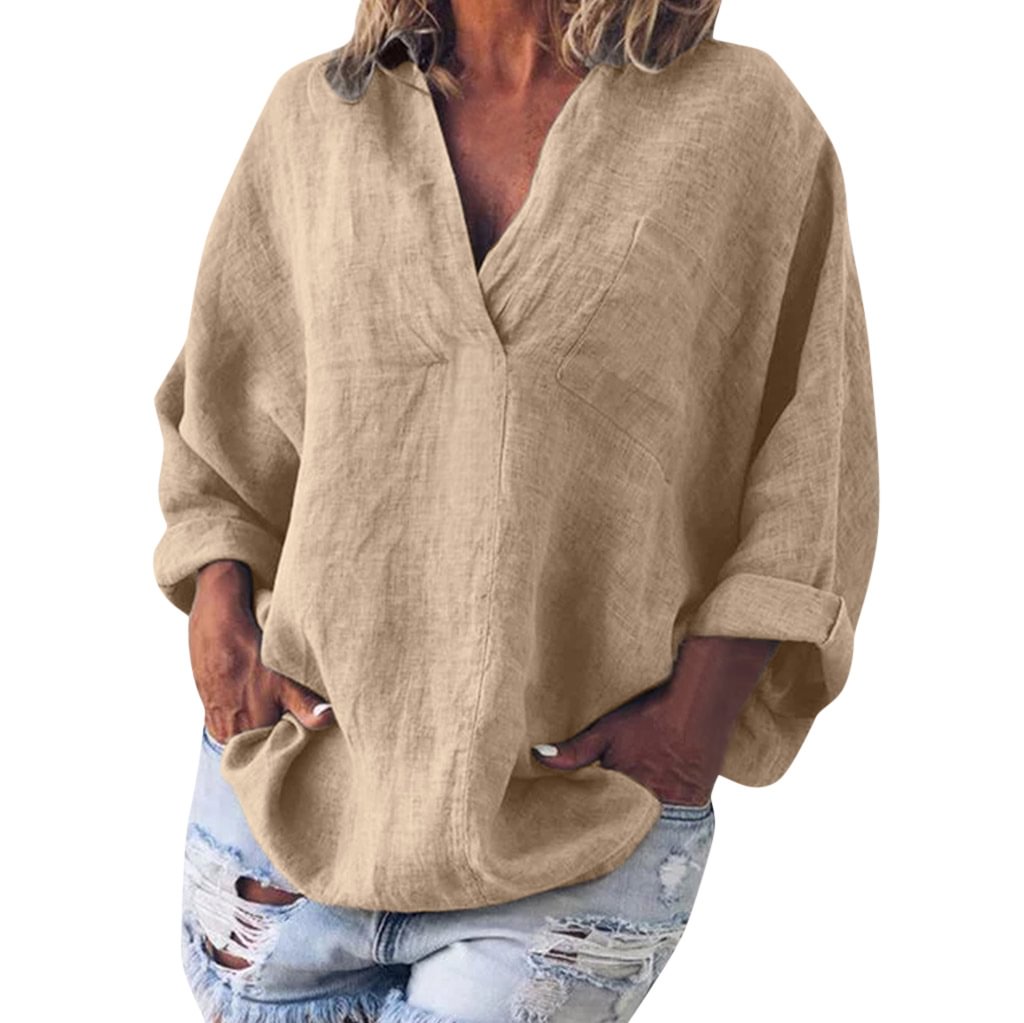Cotton Linen V-neck Long Sleeve Pullover Women's Tops