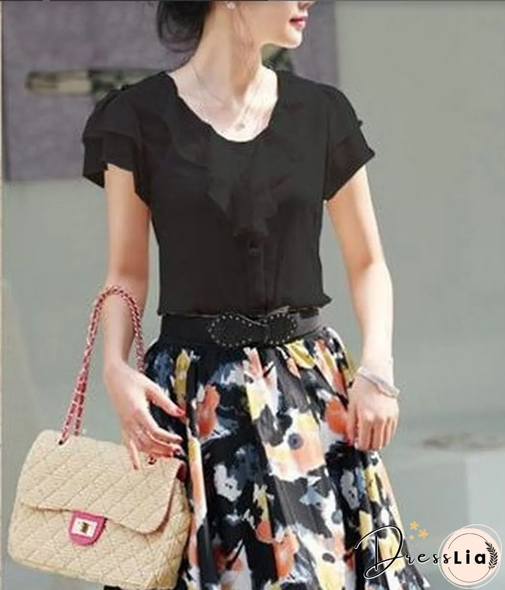 Spring Summer New Women Clothing Girl Casual Bow tie Short Sleeve Chiffon Blouse Shirt