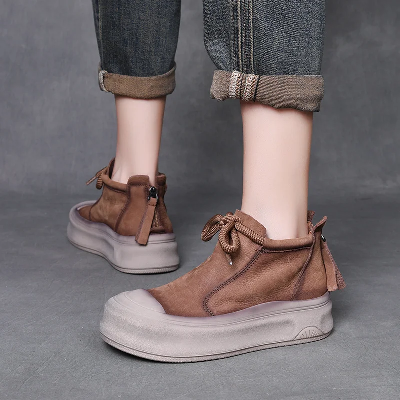 Yyvonne Cow Skin Retro Martin Boots Autumn And Winter New Round Head Tie And Ankle Boots Leather Leisure Short Boots Woman