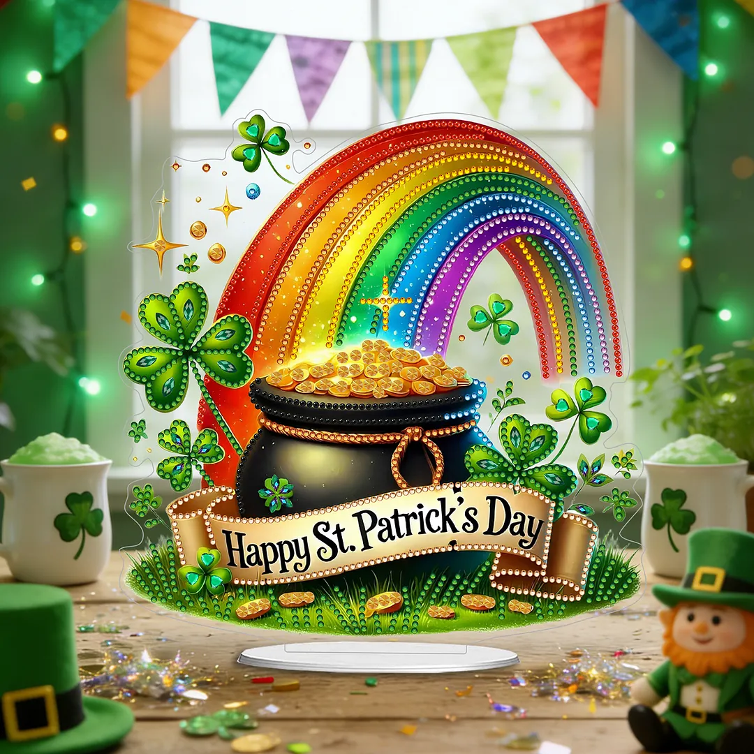 2D Flat DIY Happy St Patricks Day Diamond Painting Tabletop Ornaments Kit Special Shape Crystal Art Craft Decoration Single Side Drill for Living Room Home Office