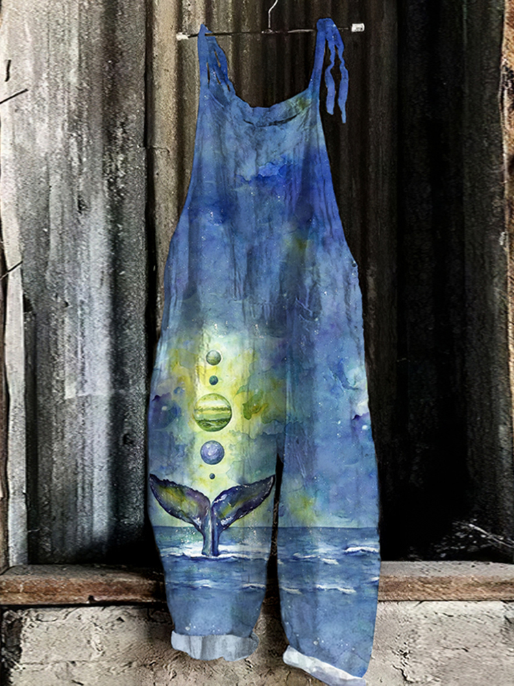 Comstylish Vintage Japanese Art Watercolor Whale Tail Graphic Casual Loose Jumpsuit