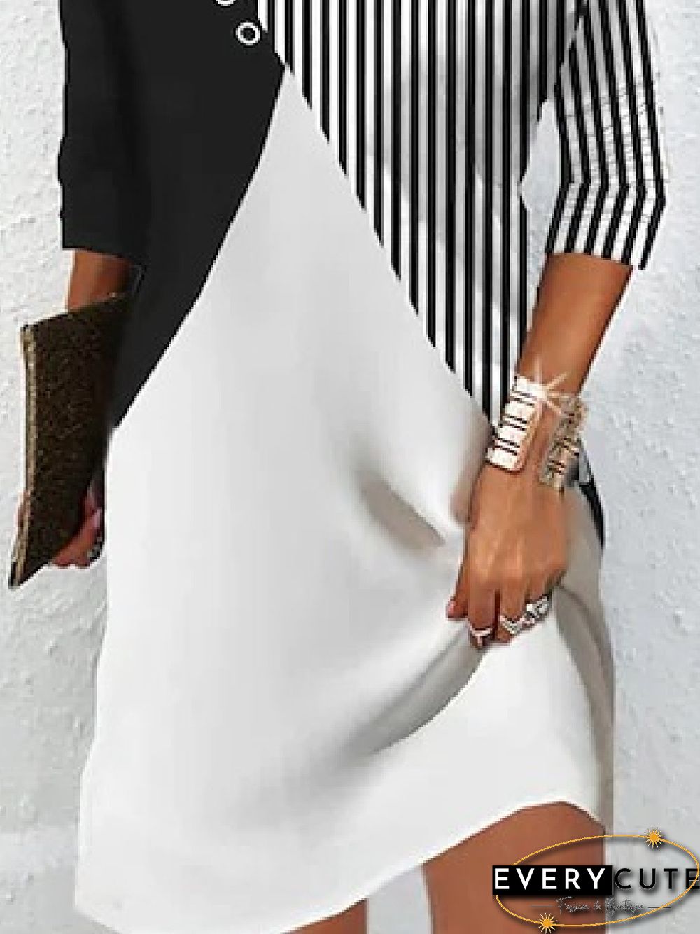 Women Striped Casual Autumn Lightweight Daily Jersey Asymmetrical Skirt Three Quarter Dresses