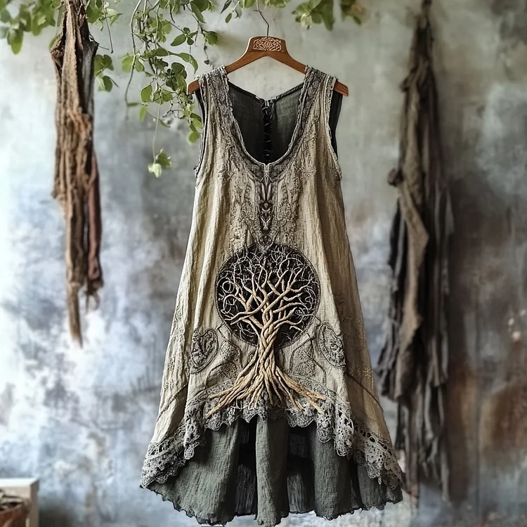 Tribal Life Of Tree Celtic Embroidery Art Linen Tank Dress