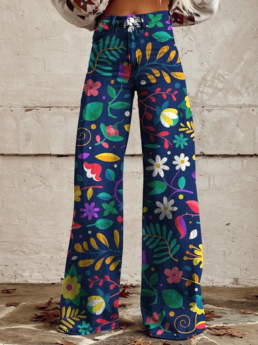Summer Botanical Floral And Plants Pattern Printed Casual Wide Leg Pants