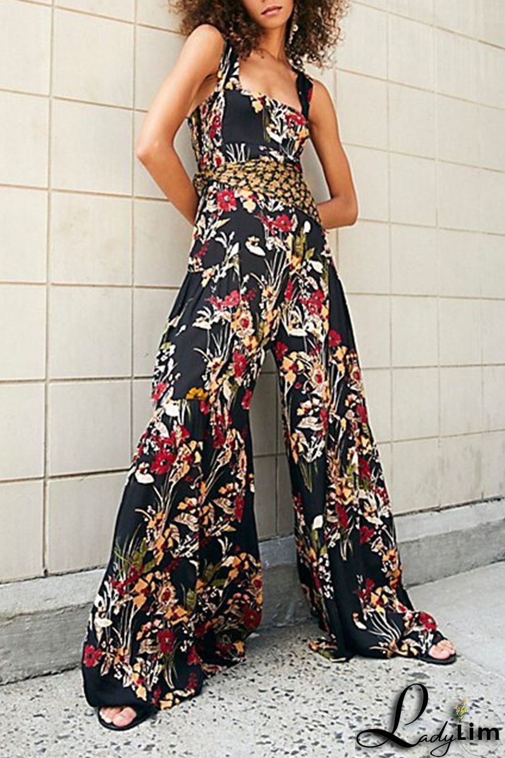 Burgundy Casual Print Split Joint Straight Jumpsuits