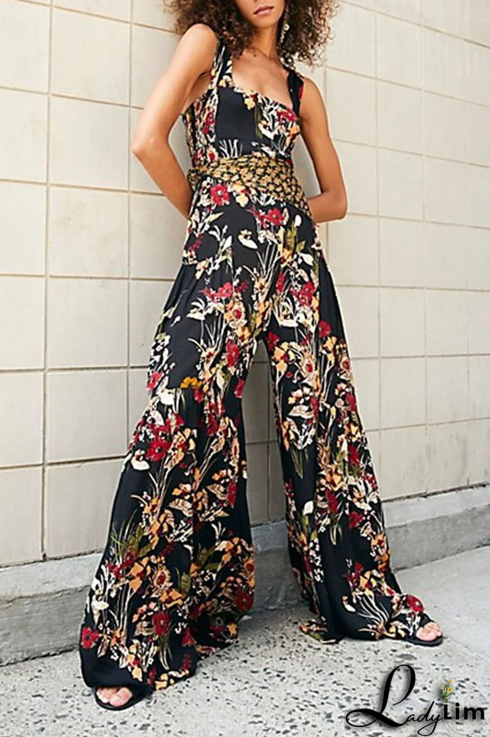 Burgundy Casual Print Split Joint Straight Jumpsuits