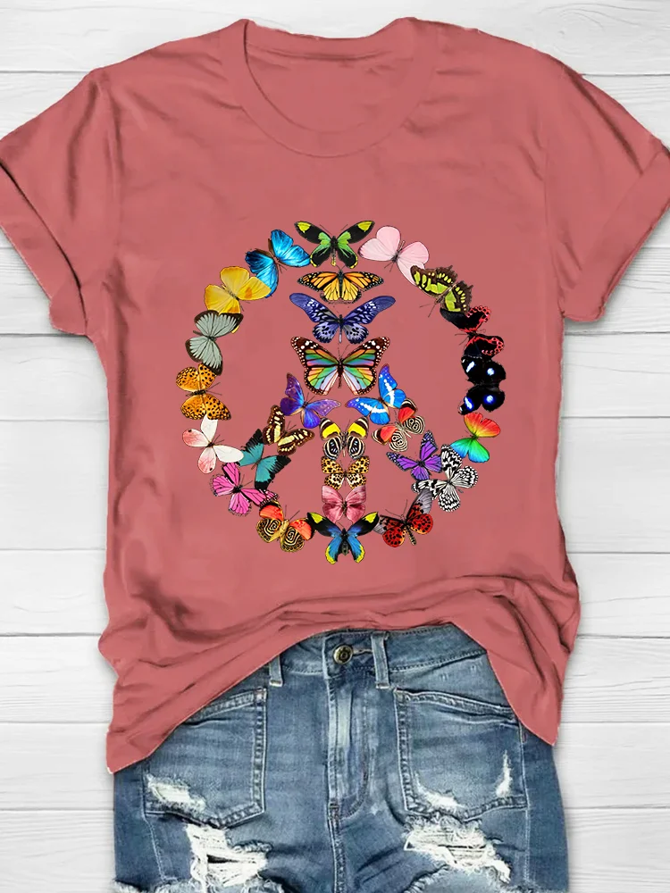 Colorful Butterflies Printed Crew Neck Women's T-shirt