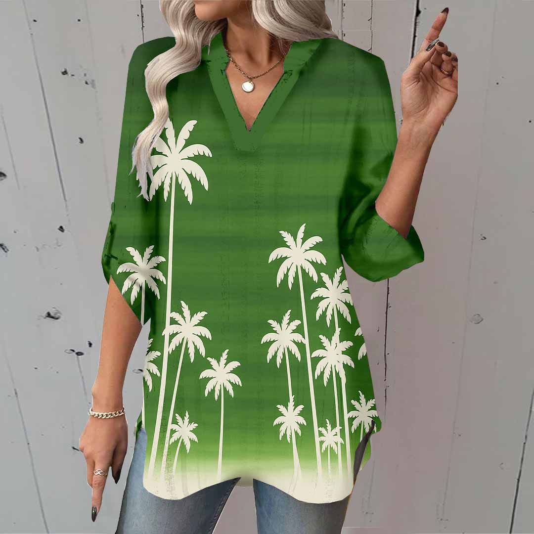 Women Tropical,Green DZGA0268 3/4 Sleeve V-neck Printed Graphic Button Tops