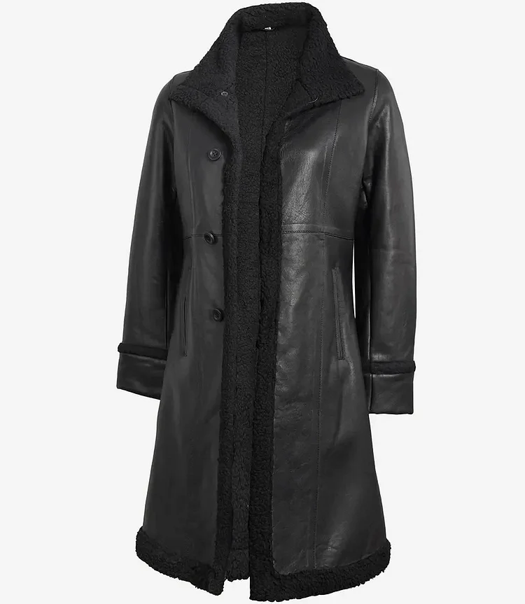Maura Real Leather Black Shearling Long Coat Womens QueenFunky