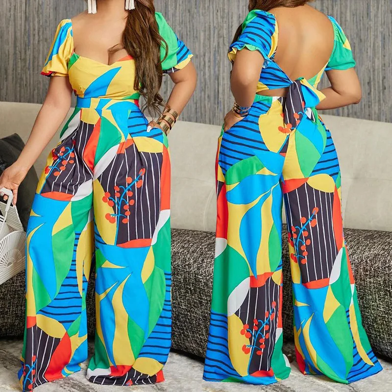 Fashion Temperament Printed Short-sleeved Tie Backless Jumpsuit | IFYHOME