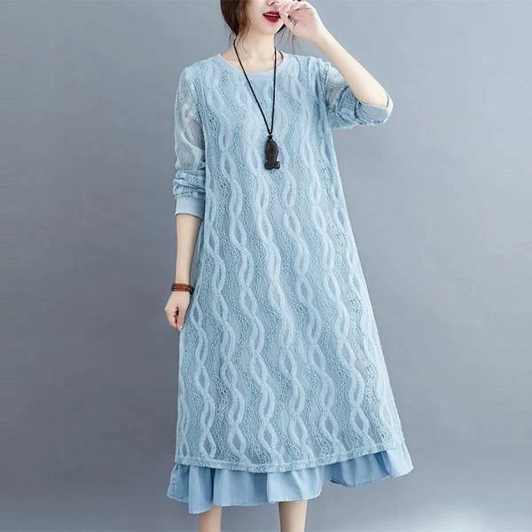 Plus Size Women Lace Long Dress New 2020 Autumn Vintage Solid Color Loose  Dresses