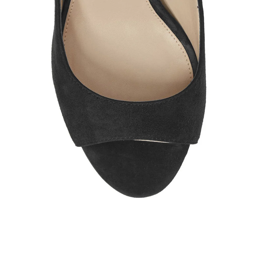 YDN Black Vegan Suede Peep Toe Kitten Heel Ankle Strap Pumps Shoes