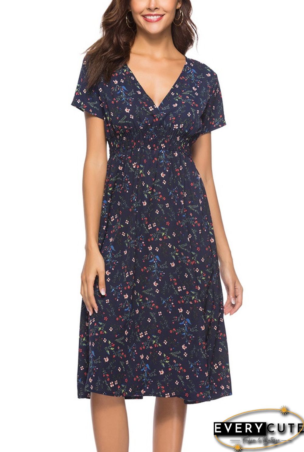 Floral Print Paneled Short Sleeves Elegant A-line Midi Dress