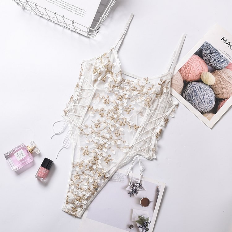 One-piece Lace Mesh Embroidery Bandage Lingerie