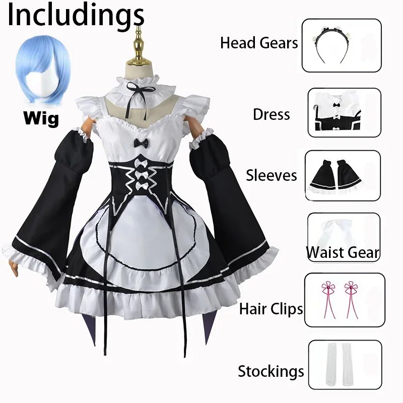 [Wetrose] In Stock Re:Zero Rem Ram Cosplay Costume Remu Ramu Kara Hajimeru Isekai Seikatsu Anime Maid Lolita Halloween Full Set