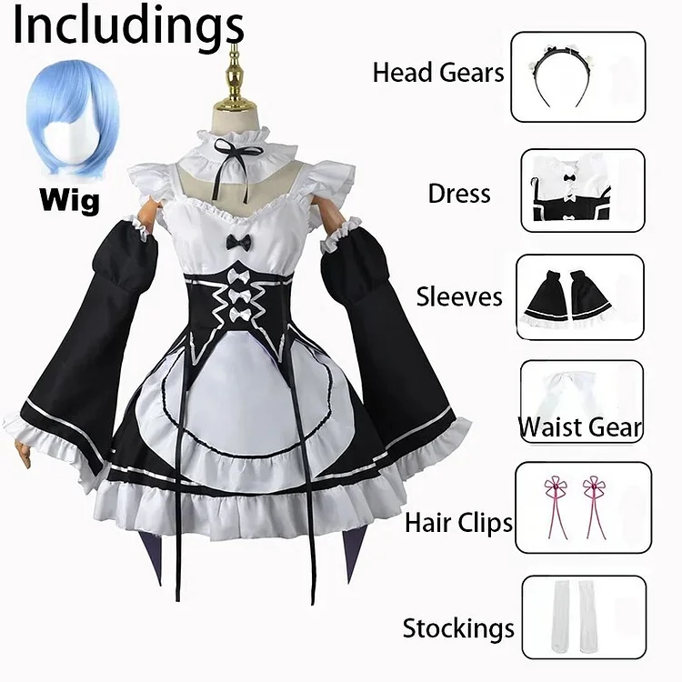 【Wetrose】In Stock Re:Zero Rem Ram Cosplay Costume Remu Ramu Kara Hajimeru Isekai Seikatsu Anime Maid Lolita Halloween Full Set