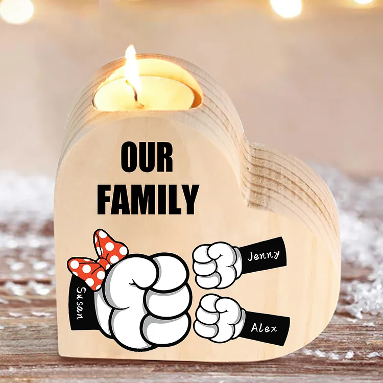 3 Names-Personalized Fist Bump Heart-Shape Candlestick Custom Text  Mother's Day Gift Wooden Custom Candle Holder For Mum
