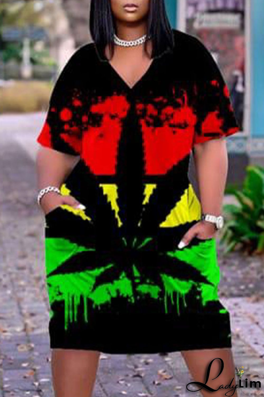 Beige Casual Street Print Patchwork V Neck Straight Dresses