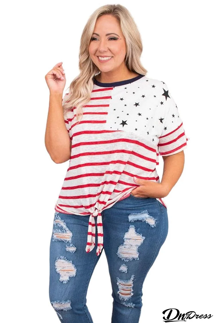 July 4th National Day Flag Print Plus Size Tee with Knot