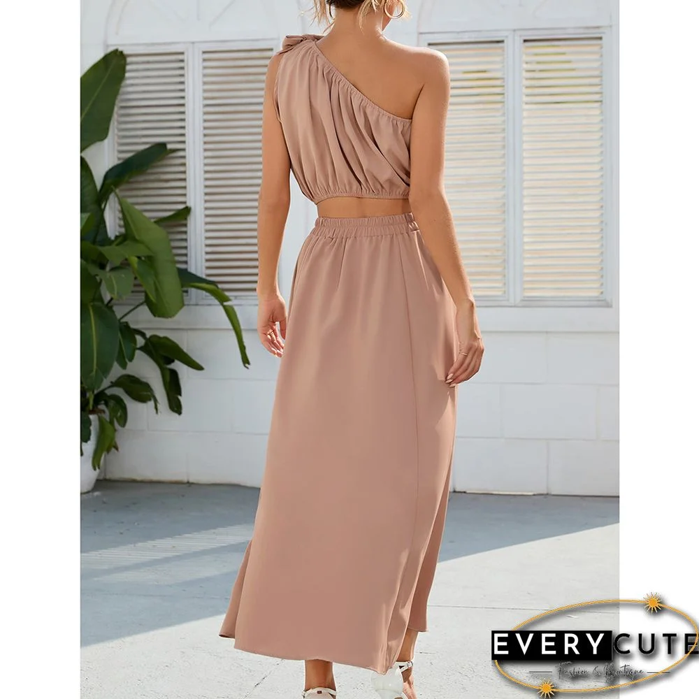 Khaki One-shoulder Crop with with Slit Maxi Skirt Set