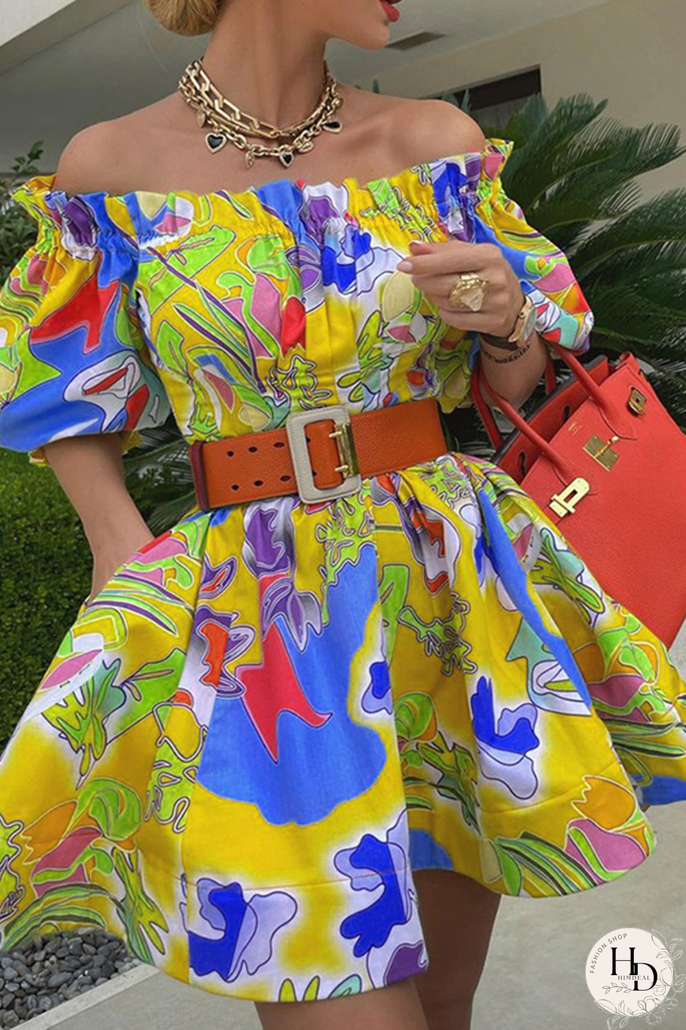 Purple Casual Print Split Joint Off the Shoulder Cake Skirt Dresses