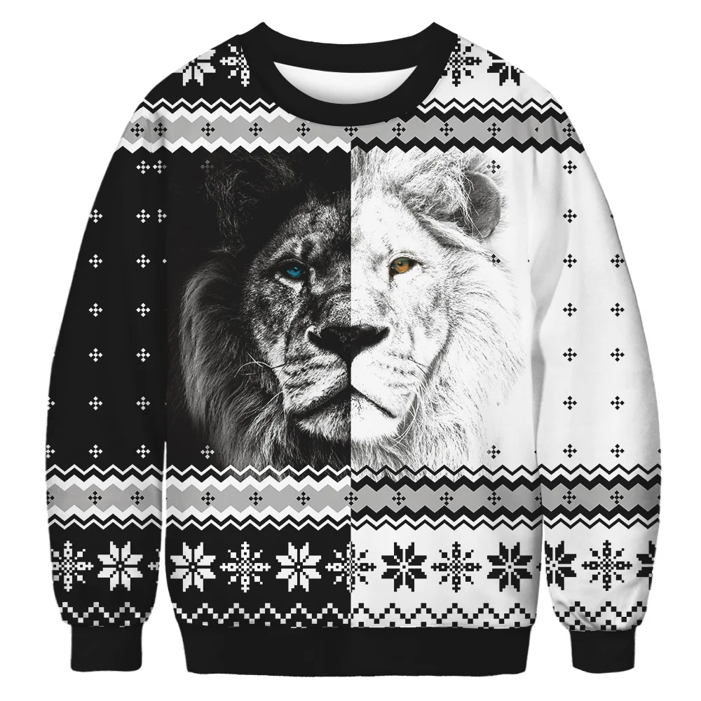 Unisex 3D Elk And Lion Print Christmas Sweatshirt、、URBENIE