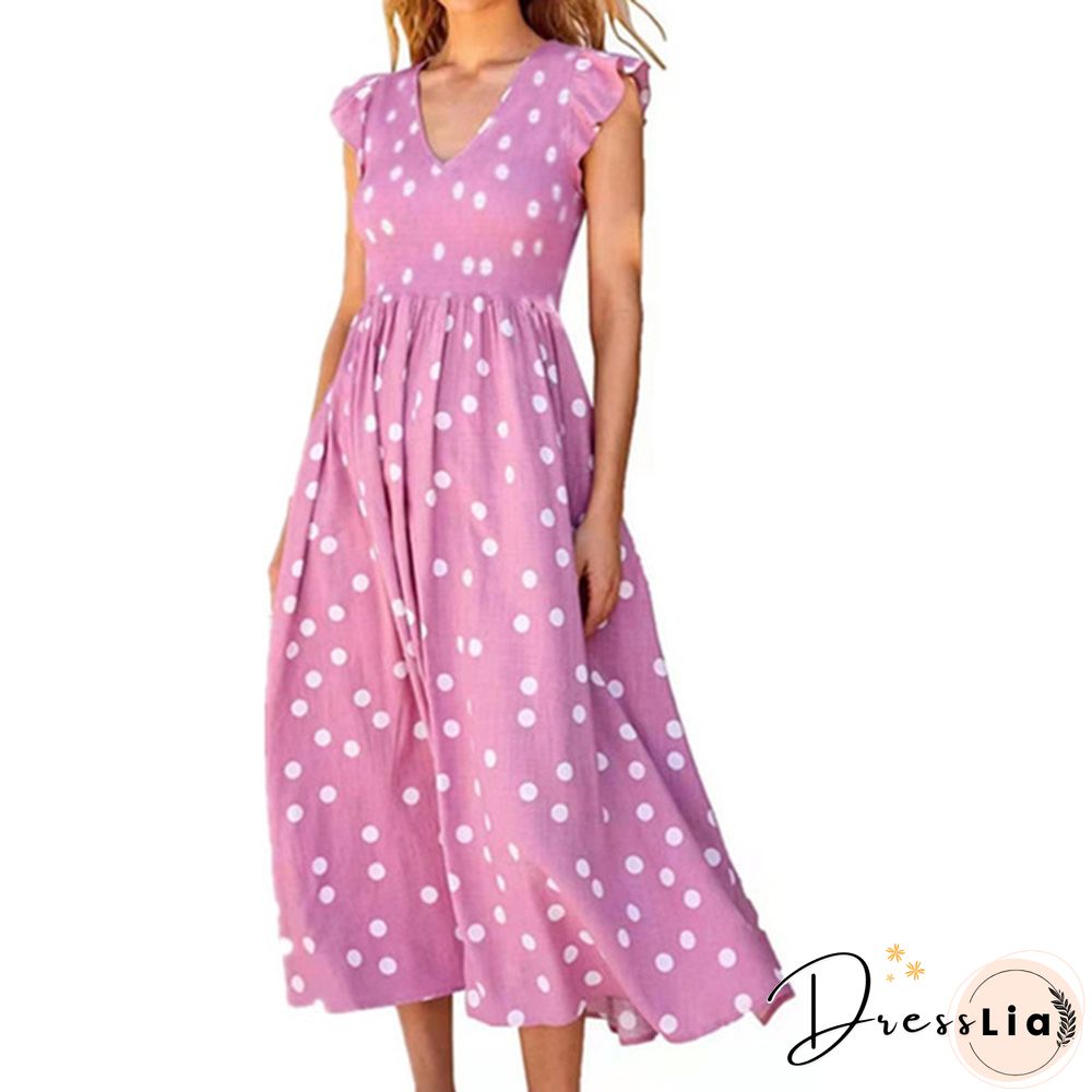 Spring And Summer New European And American Women's Wear V-Neck Large Skirt Wave Dot Printed Dress Women's Long Skirt