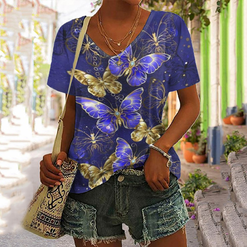 wearshes Short Sleeve Glitter Butterfly Print T-Shirt