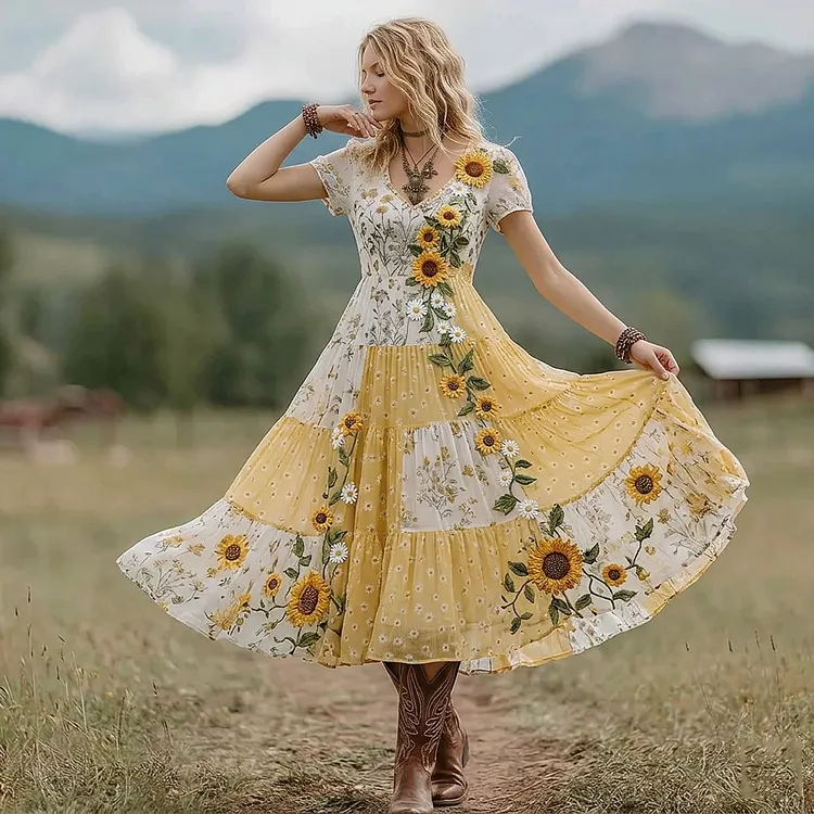 🌻 Women's Sunflower Embroidered Tiered Boho Midi Dress 