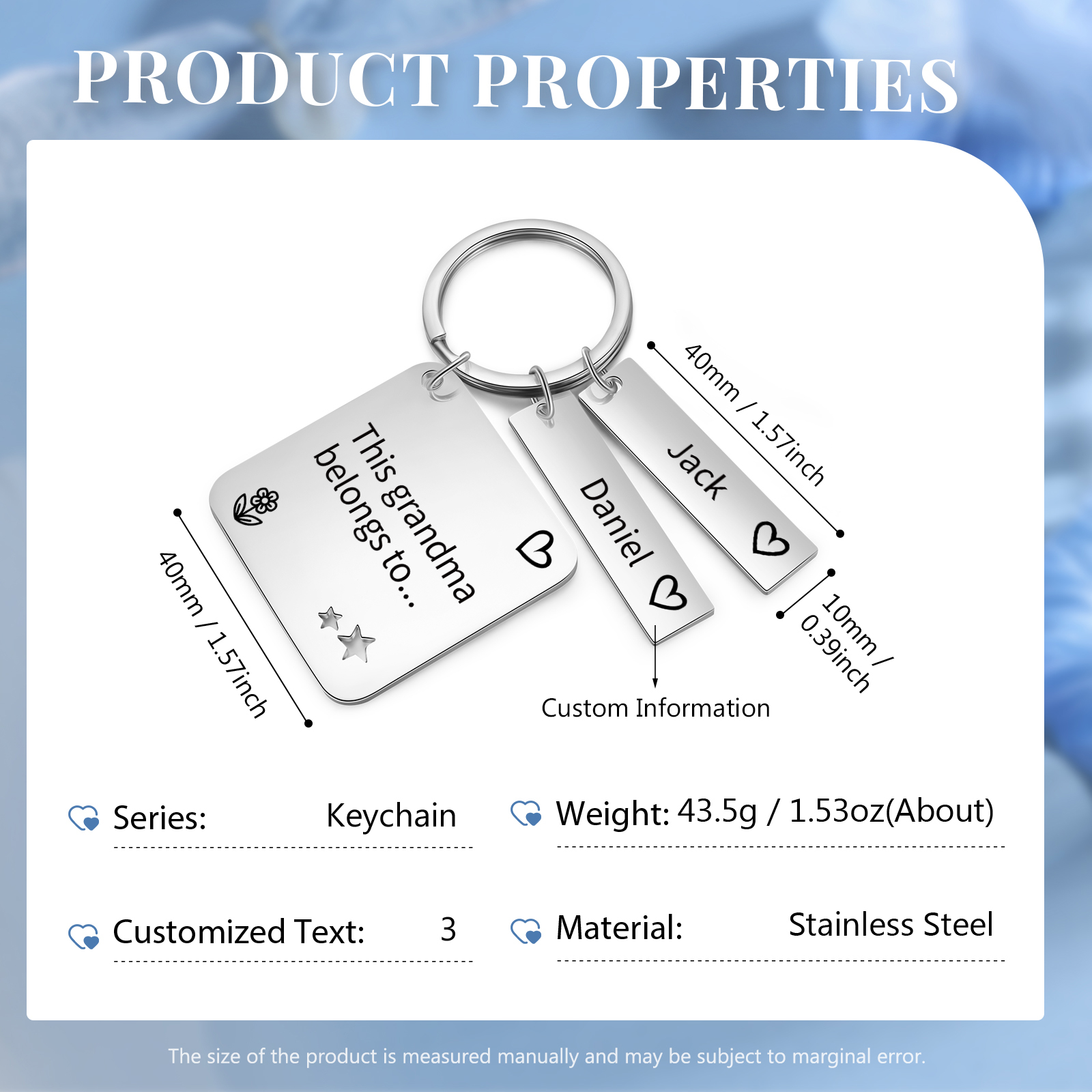 Personalised 2 Names & 1 Text Keychain Custom Family Keychain Gifts for Father/Mother/Grandma/Grandpa-Jessemade AU