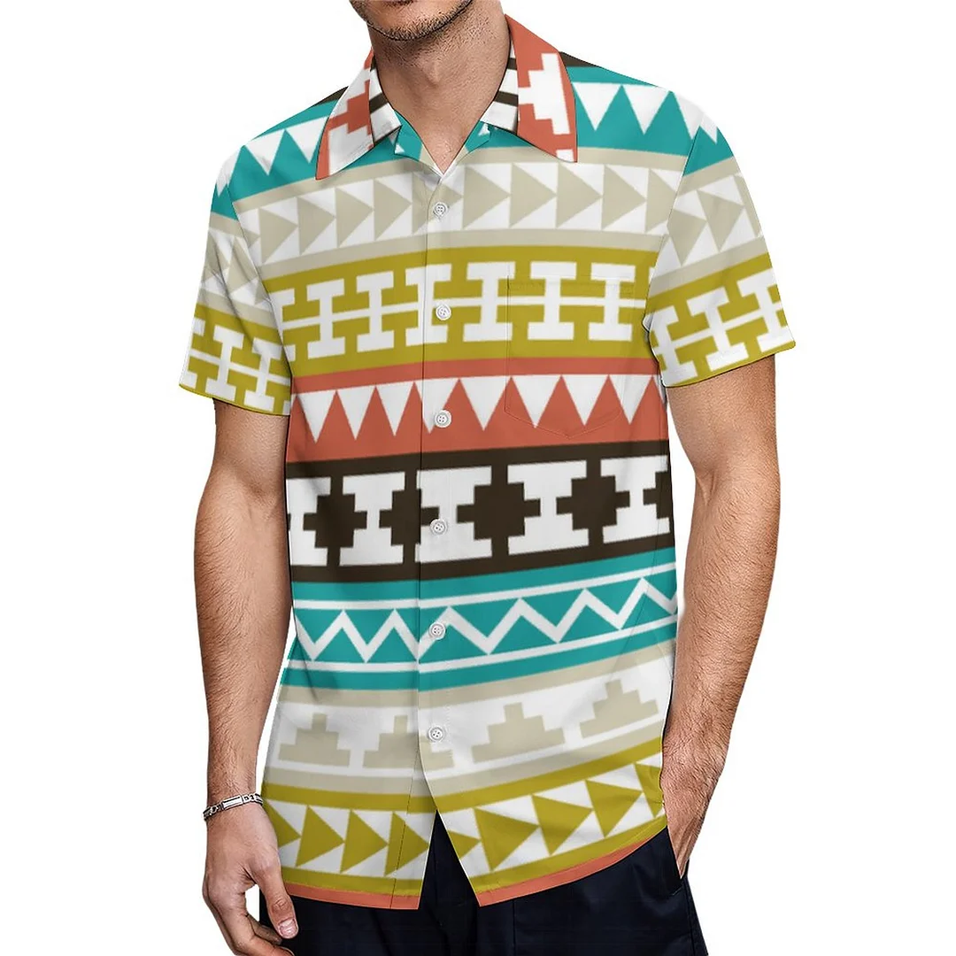 Short Sleeve Coral Teal Brown Aztec Tribal Hawaiian Shirt Mens Button Down Plus Size Tropical Hawaii Beach Shirts