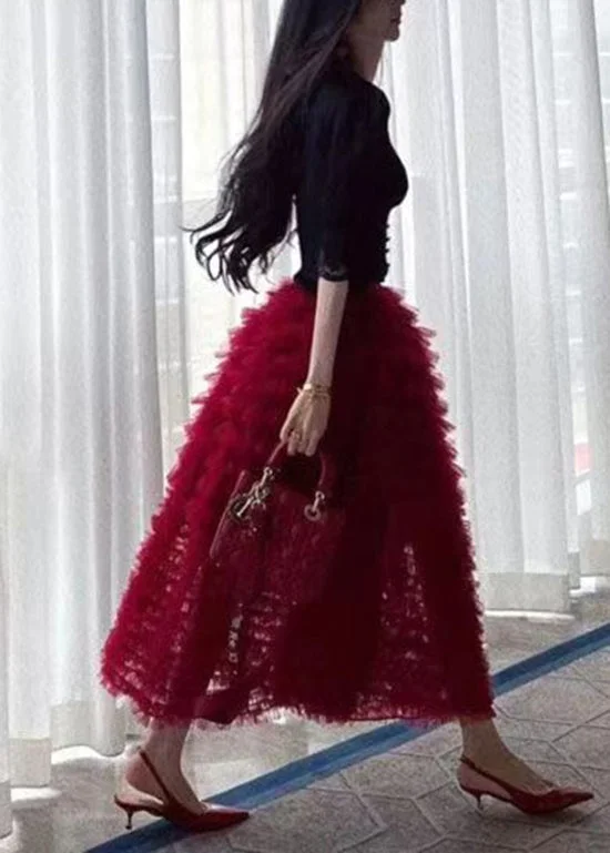 Unique Red Ruffled Elastic Waist Tulle Skirt Spring