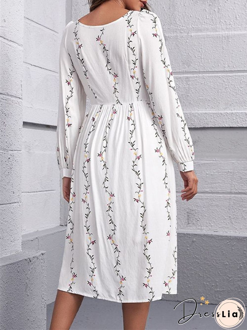 Printed Square Collar Loose Long Sleeve Dress