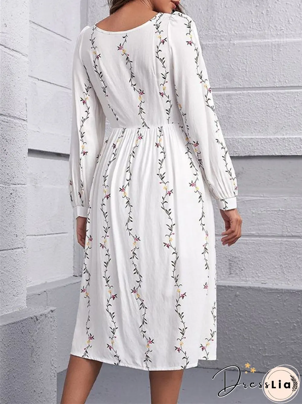 Printed Square Collar Loose Long Sleeve Dress