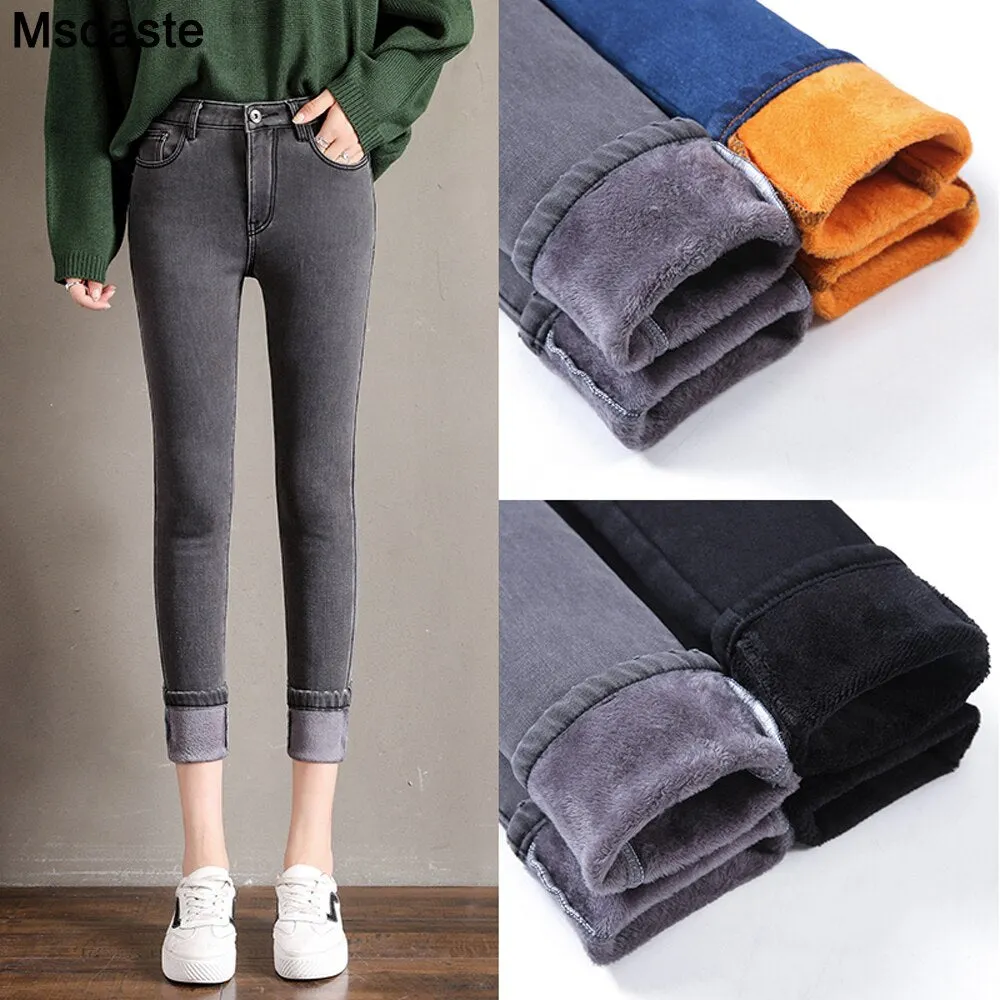 Winter Thick Jeans Velvet Warm Women Denim Pants Elastic High Waist Slim Plus Size Trousers Pantalon Femme Skinny Jeans Woman