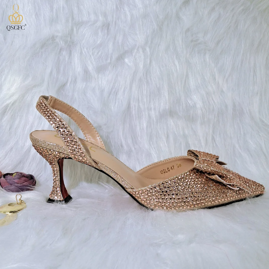 QSGFC Silver Nigerian Fashion Shaped High Heel Shoes Popular Design Pointed Ladies Shoes And Bags Wedding Party Shoes With Bag