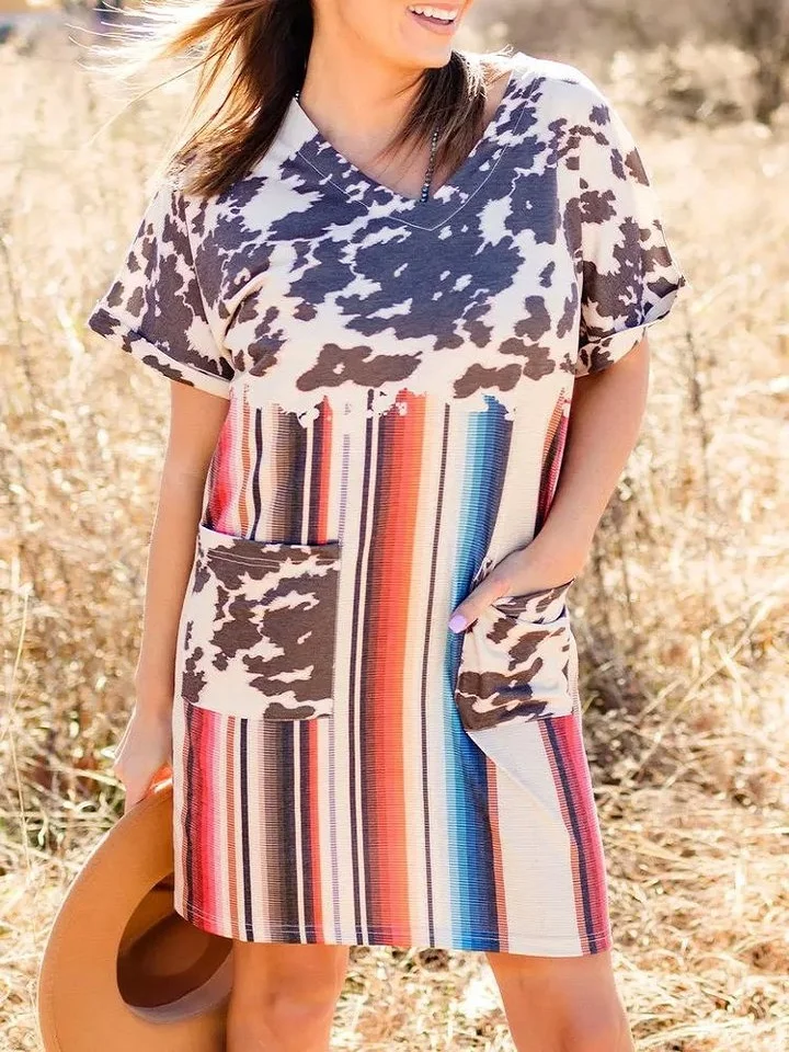 V-Neck Leopard Print Dress with Short Sleeves