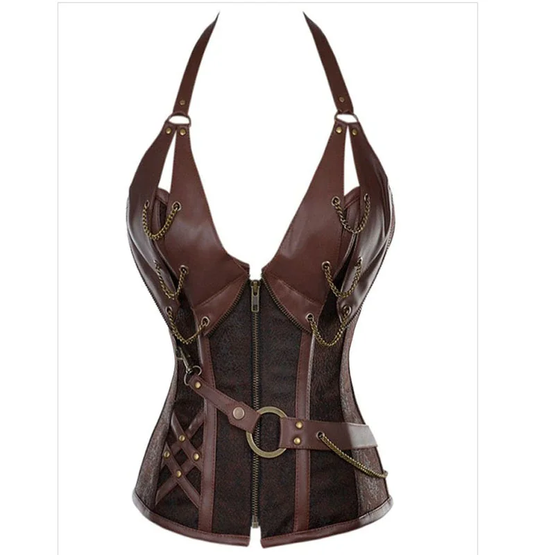 Billionm Sapubonva steampunk corsets and bustiers halter plus size corset pu leather gothic punk corset zip burlesque basque costume sexy