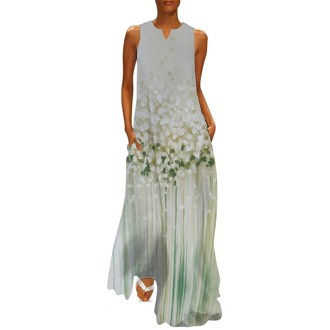 Style & Comfort for Mature Women Plus Size Printed Sleeveless Casual Women Maxi Dress with Pockets in Pattern Floral, White, Green