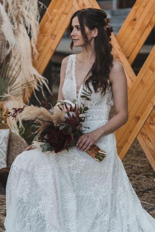 Luxury Long Lace A-Line Backless Wedding Dresses With V-neck | Ballbellas Ballbellas