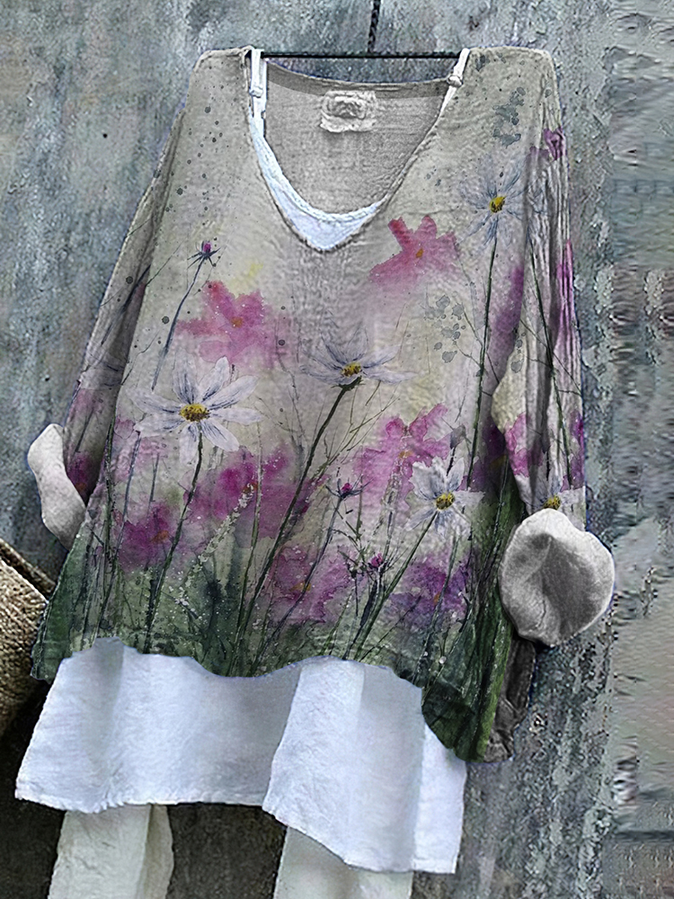 Comstylish Floral Print V-Neck Loose Casual Blouse