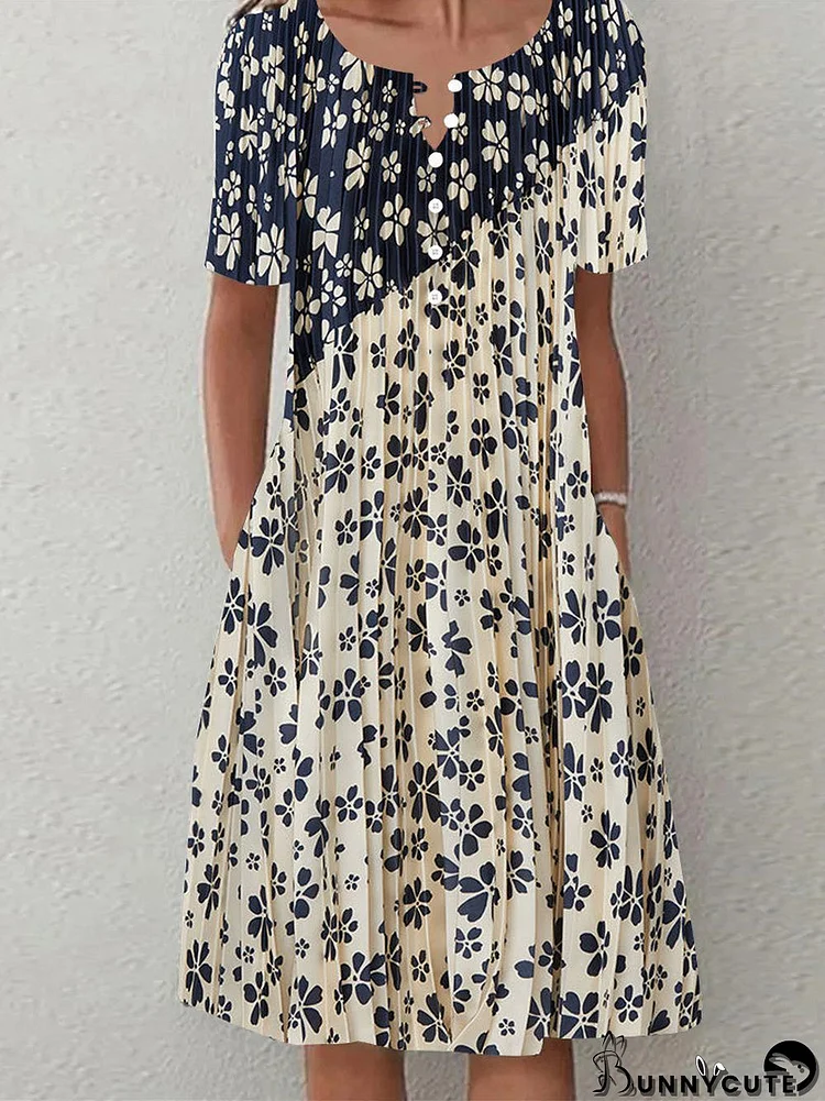 Women Short Sleeve V-Neck Floral Printed Midi Dress With Button