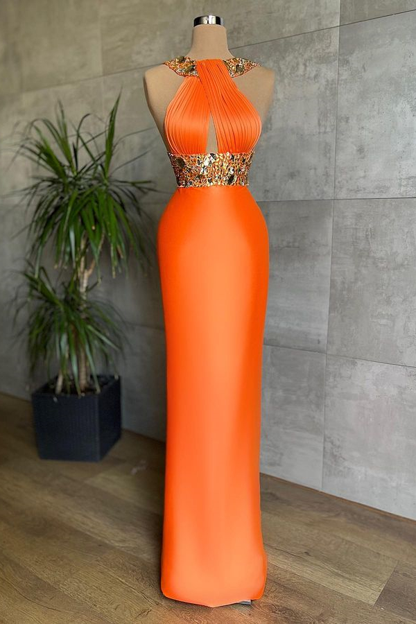 Bellasprom Orange Halter Sleeveless Prom Dress Mermaid With Crystals Bellasprom