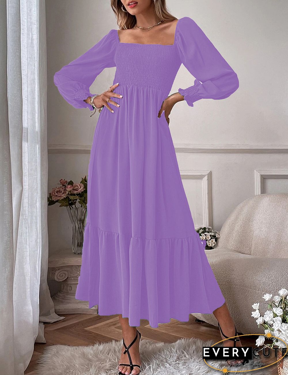 Purple Square Neck Pleated High Waist Maxi Dress
