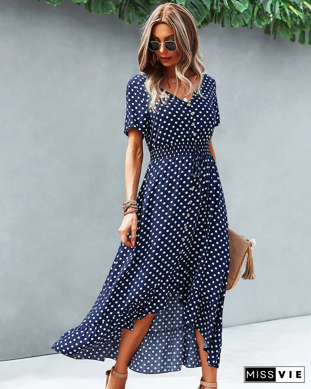 Button Down Polka Dot V Neck Short Sleeve High Low Maxi Dress